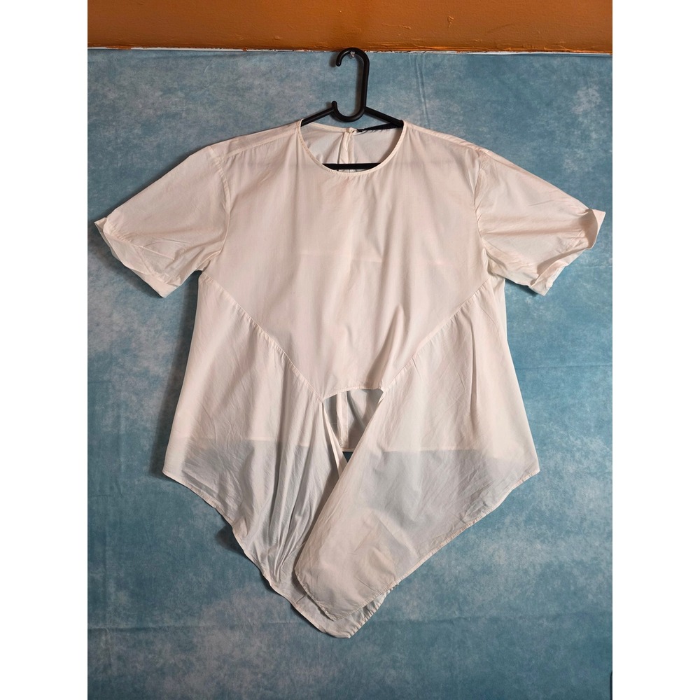 Zara White Poplin Handkerchief Hem Cutout Short Sleeve Blouse Top
